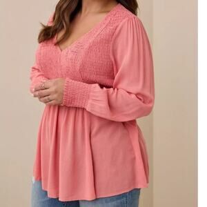 Torrid NEW Babydoll Crinkle Gauze Smocked Top Womens Size 2X Coral Pink Boho NWT